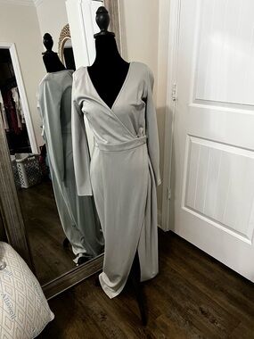 KITTENISH Elegant Sage Wrap-Style Long Sleeve Dress